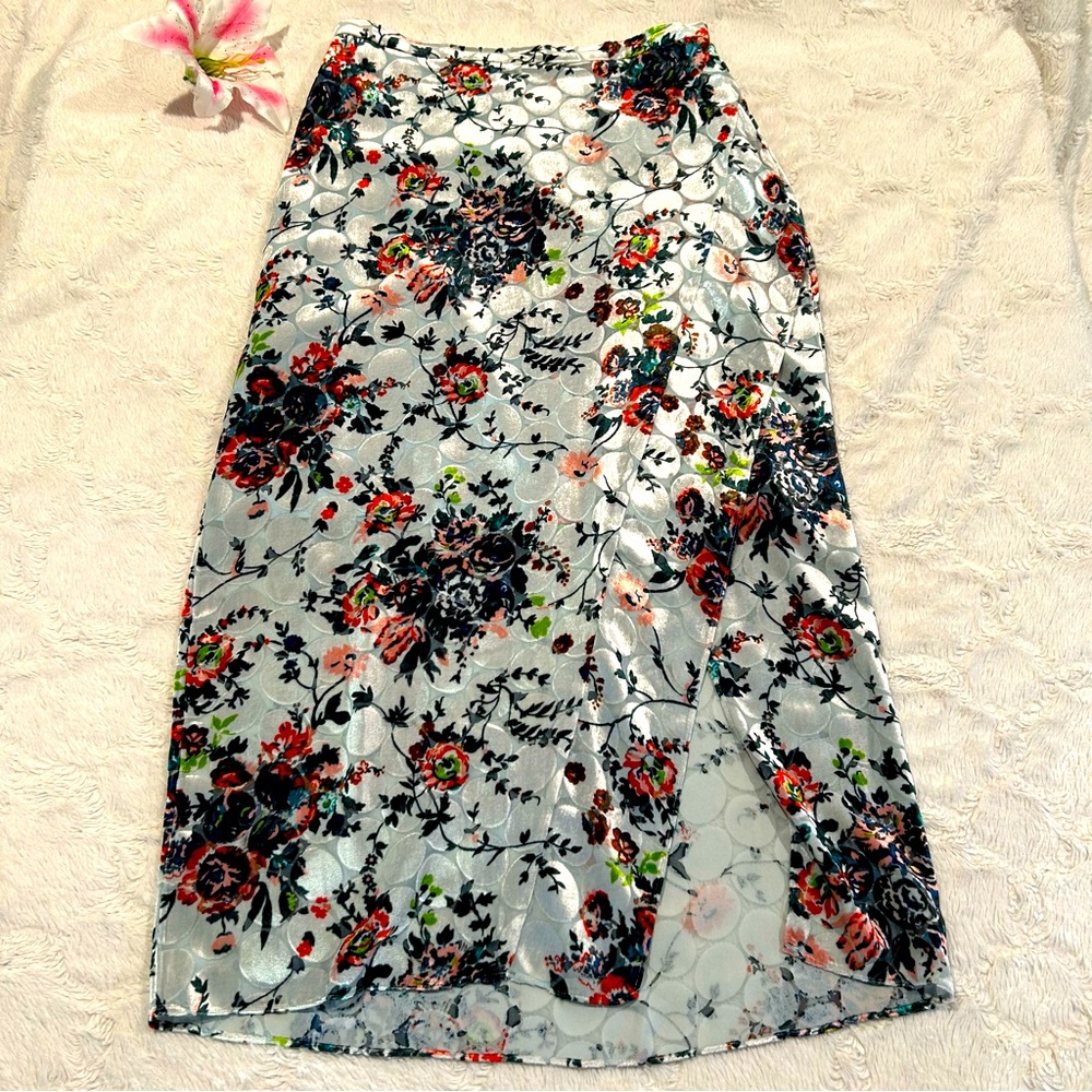 Maeve Anthropologie Evie Light Blue Floral Velvet-Dotted Long Skirt - Silk Blend